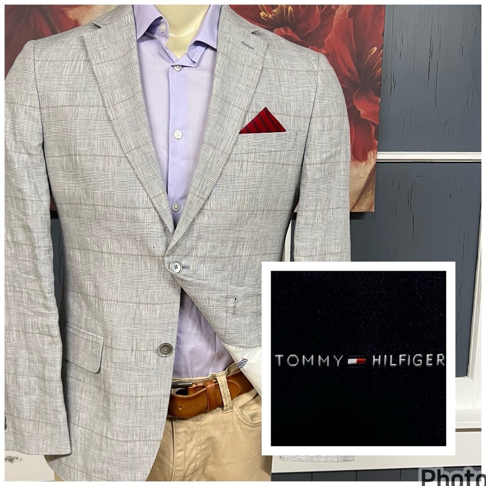 Tommy Hilfiger Linen Blazer Jacket Sport Coat Mens 40R Light Gray/Brown